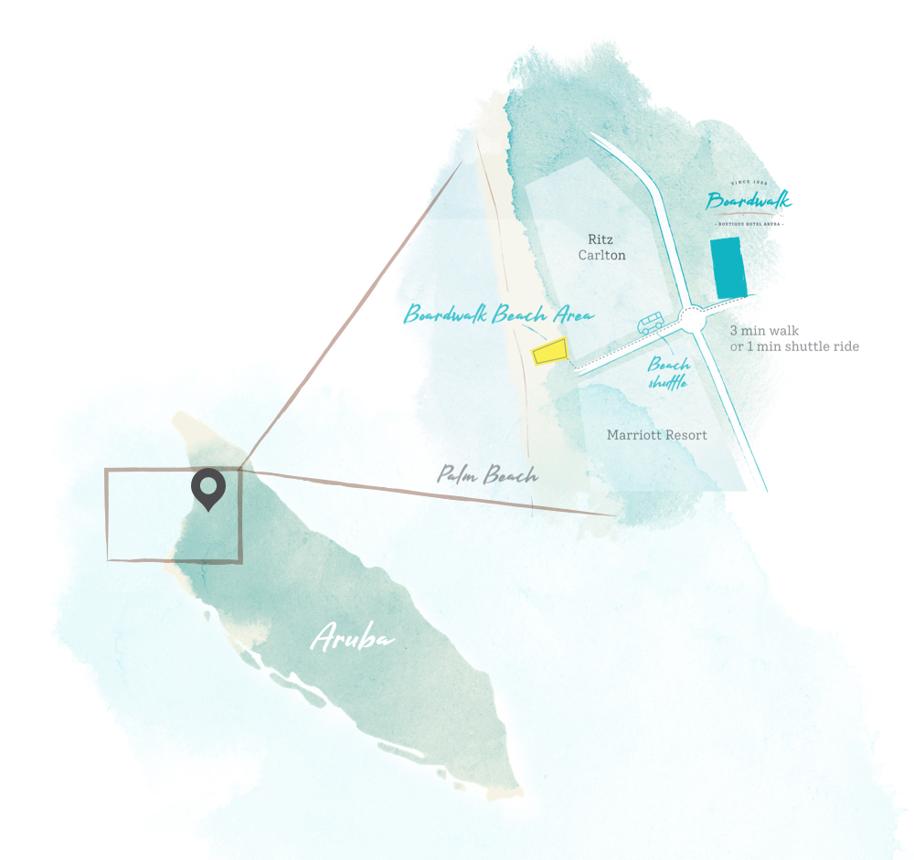 Map of Aruba with location of Boardwalk Boutique Hotel