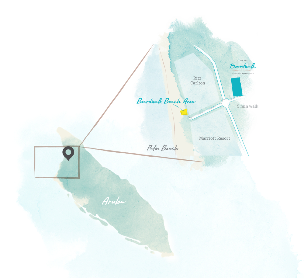 Map of Aruba with location of Boardwalk Boutique Hotel
