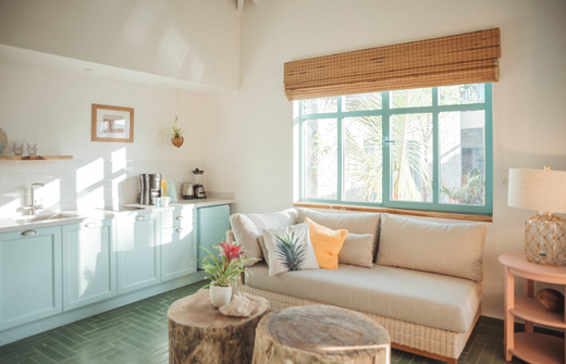 View of living room and kitchenette 